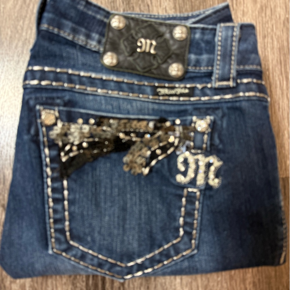 Miss Me Dark Blue Straight Leg Jeans with Embellished Pockets